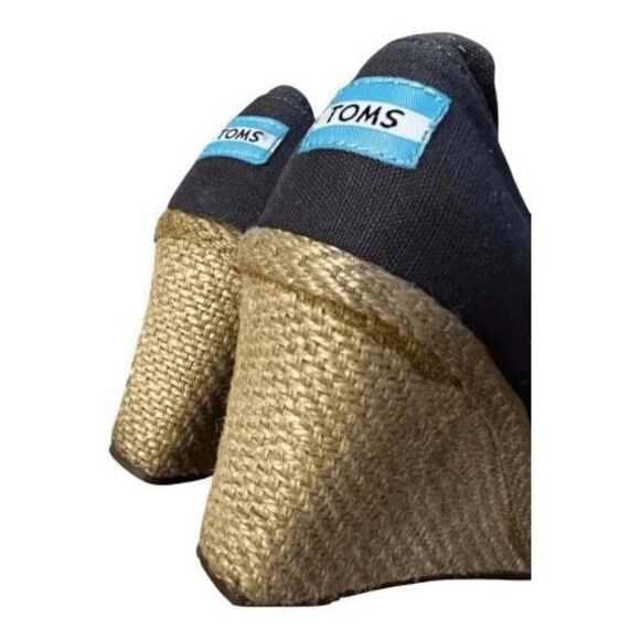 TOMS Shoes Women Size 6.5 Grey Canvas Peep Toe Slip On Espadrille Wedges Pumps - Picture 7 of 11